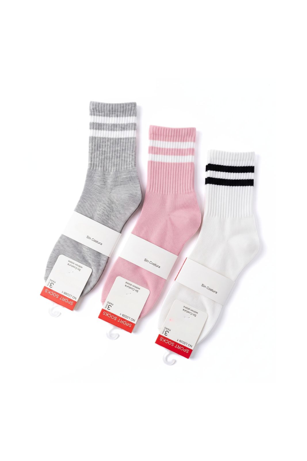 Pack de 3 calcetines deportivos gris, rosa y blanca con rayas blancas
