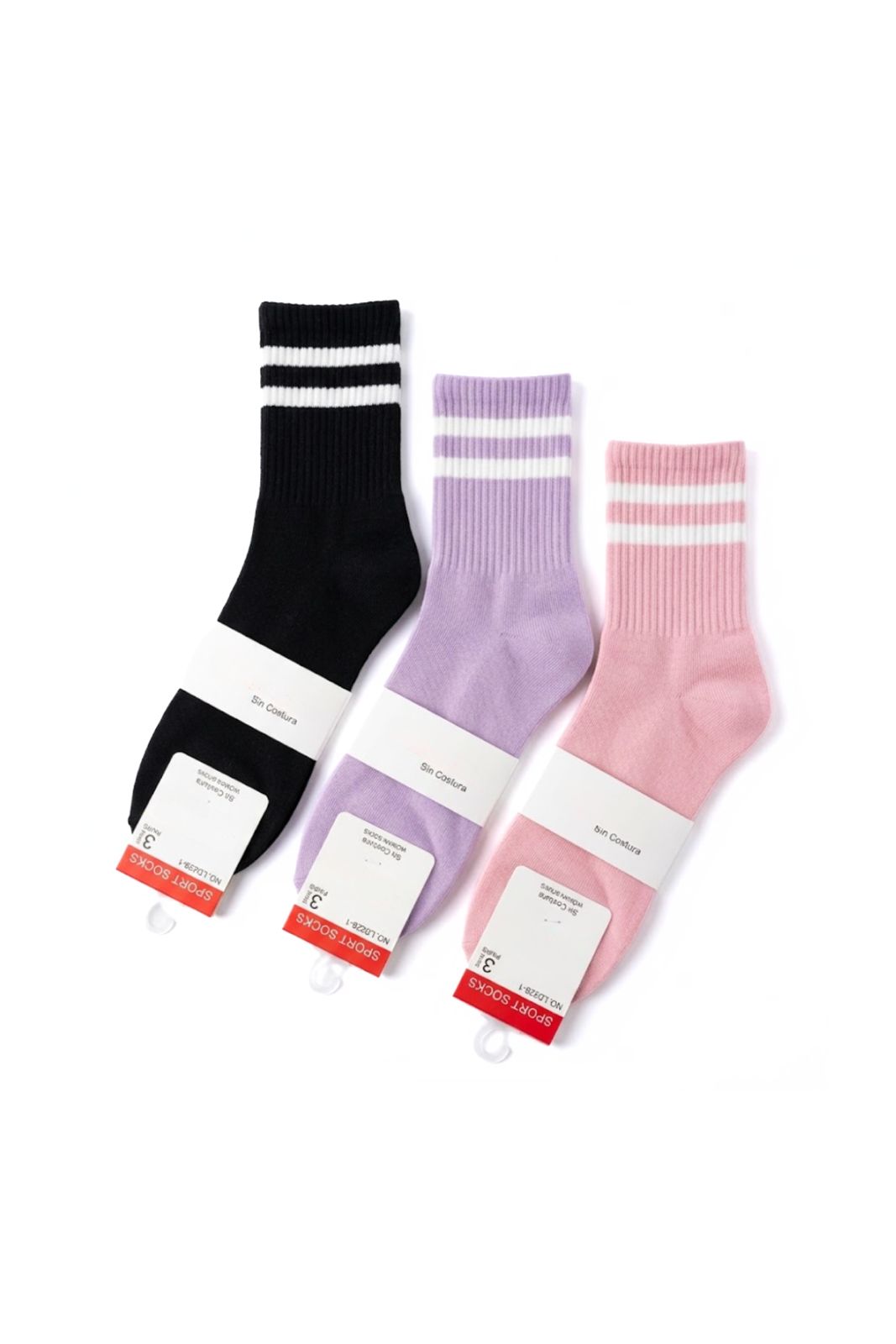 Pack de 3 calcetines deportivos lila, rosa y negro con rayas blancas